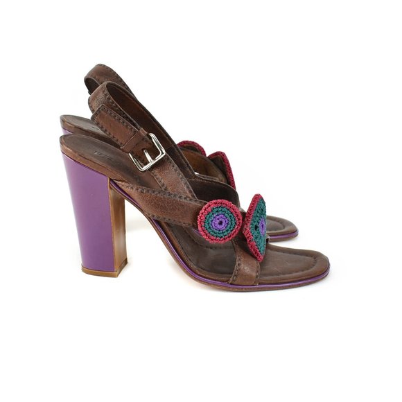 PRADA: Brown, Leather & Patent Color-Block Heels - Picture 5 of 8